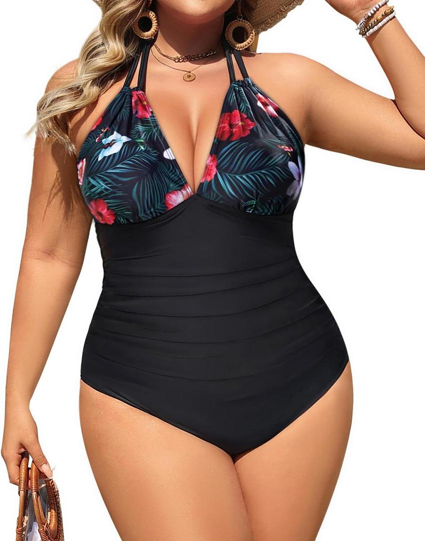 Aqua Eve Plus Size Swimsuits One Piece Bathing Suit for Women Tummy Control Sexy Halter Swimwear Black Floral 14W