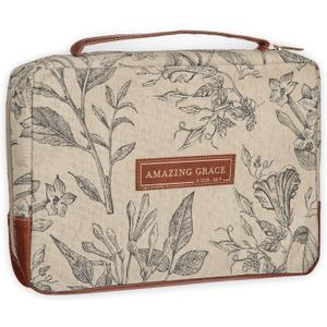 Christian Art Gifts Women's Premium Natural Canvas Vegan Leather Fashion Bible Cover: Amazing Grace - Inspirational Scripture, Sturdy Protective Book Carry Case Accessory, Creamy Brown Floral, Large