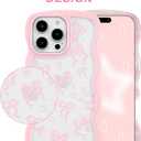 Aitipy for iPhone 13 Pro Max Case, Wavy Frame Cute Ribbon Bowknot Pattern Aesthetic Transparent Back Soft TPU Shockproof Phone Case for Women Girls, Pink