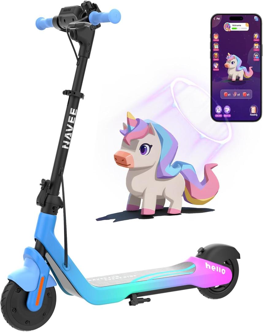 NAVEE K100 Max Electric Scooter for Kids - Parental APP Speed Control & 3-Level Adjustable Height for Ages 6-14, UL2272 Certified, 260W Motor & 10 mph, Perfect for Neighborhood Fun,K100 Max 12.4 mph + Apple Find My + Bluetooth Speaker, Blue Pink 