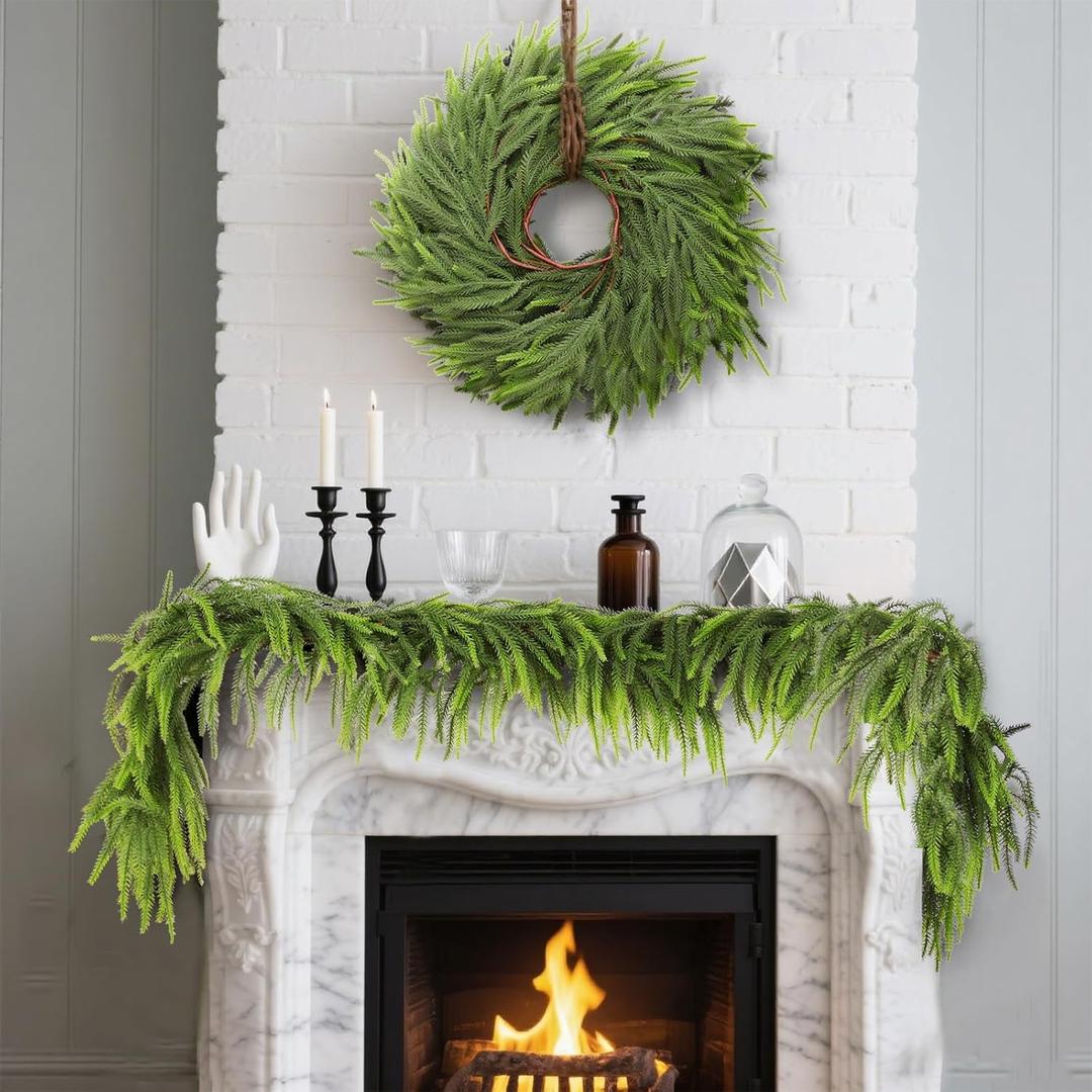 6ft 2Pcs Norfolk Pine Garland - Realistic Christmas Greenery Garland with Real Touch PE Leaves for Mantle, Table, Fireplace, Indoor, Outdoor Christmas Decorations