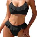 ZAFUL Ruffle Bikinis for Women Scoop Neck Swimsuits Lace Up Bikini Sets Padded Swimwear High Cut 2 Piece Bathing Suits (Small, Black)