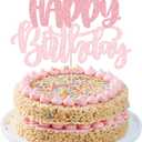 Gyufise 1Pcs Happy Birthday Cake Topper Glitter Cake Pick for Celebrating Anniversary Theme Party Cake Decorations Supplies Pink