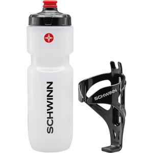Schwinn Translucent Sport Water Bottle and Bottle Holder Combo, 26 oz or 750 ml, BPA-Free Squeeze Sport Bottle with Ounce Markers, Easy to Attach Polymer Cage (26 Ounces, Multi-colored Translucent Water Bottle)