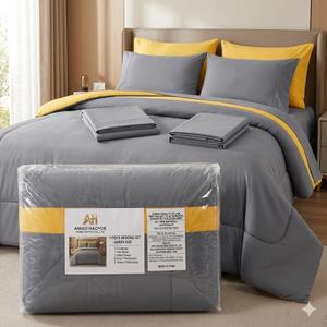 7-Piece Queen Size Bedding Set – Gray & Yellow Modern Comforter Set