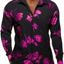 Hi-Tie Mens Hipstar Gold Paisely Floral 3D Printed Dress Shirts Shiny Long Sleeve Button Down Party Disco Performing Size XXL, Color:  Black and Red
