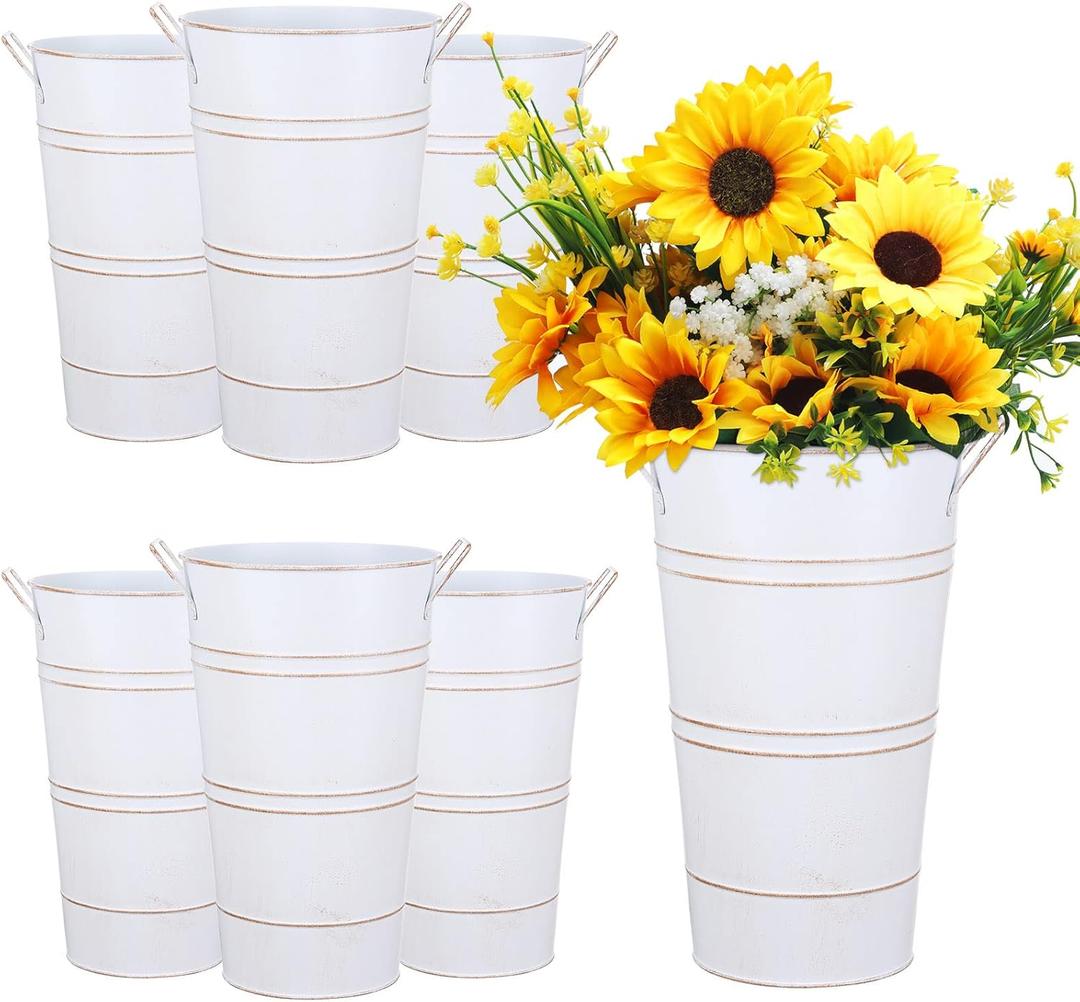 Chumia 6 Pcs 12 Inch Galvanized Metal Vase, French Flower Bucket for Cut Flowers, Metal Flower Bucket Decoration, Home Farmhouse Vase Table Decoration for Wedding Party(White)