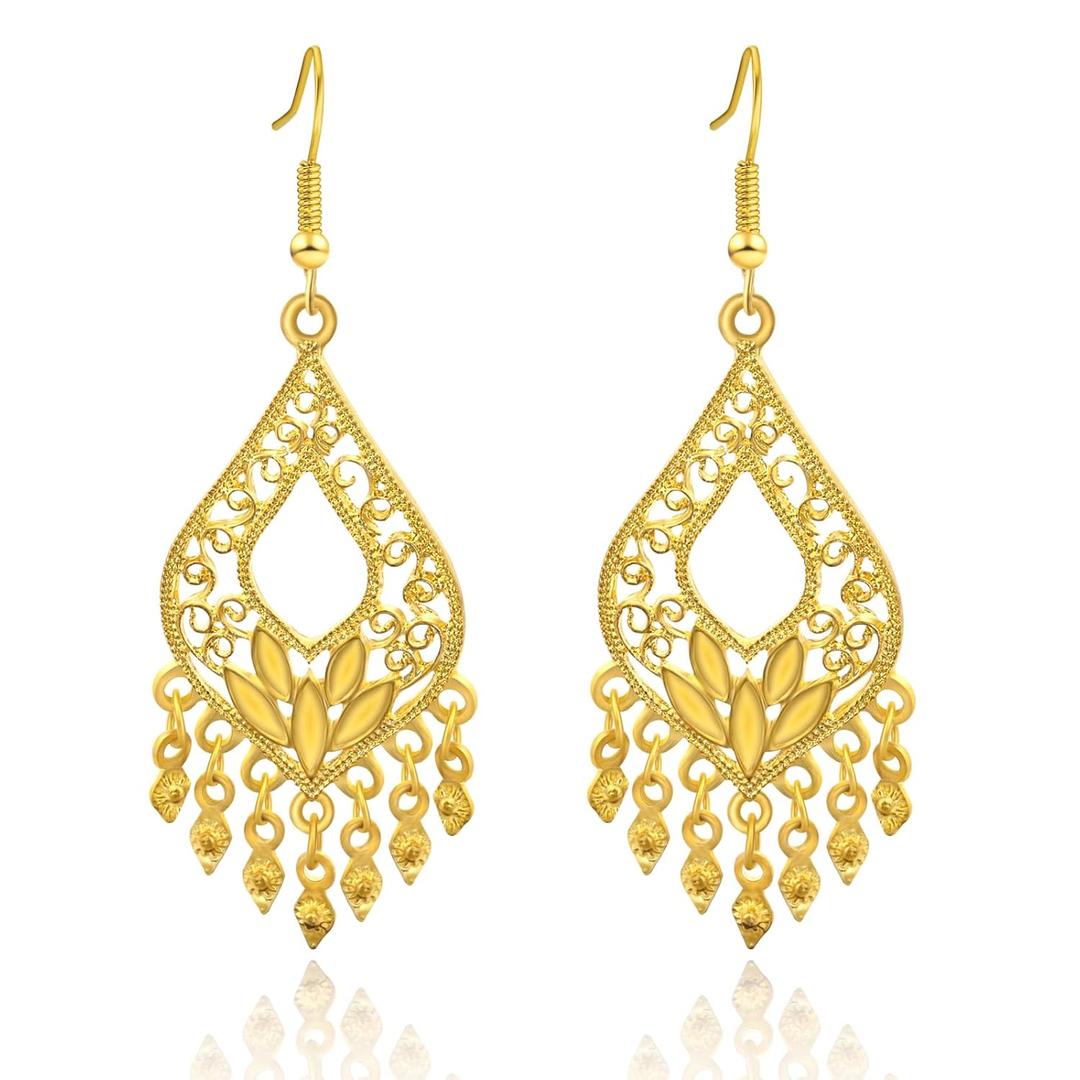 Gold Filigree Earrings-Gold Plated Dangle Earrings for Women Boho Earrings Indian Jewelry Long Chandelier Earrings for Women Big Gold Indian Earrings for Women Trendy