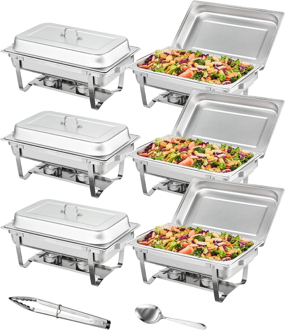 VEVOR Chafing Dish Buffet Set, 8 Qt 6 Pack, Stainless Chafer with 6 Full Size Pans, Rectangle Catering Warmer Server with Lid Water Pan Folding Stand Fuel Holder Tray Spoon Clip, at Least 8 People Eac (Silver)