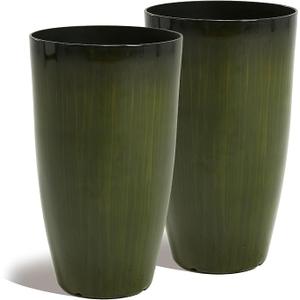 Worth Garden 23.5" H. Large Plastic Planters - Set of 2 Gradient Green Glossy Smooth Finish - Tall Plant Pots for Indoor & Outdoor Use - Decorative Lightweight Flower Pots for Front Porch, Patio, Deck