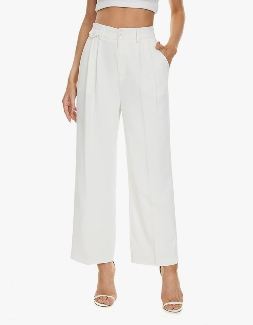 FUNYYZO Women's Loose Pleated Front Long Pants Wide Leg Trousers Solid Causal Dressy Size L
