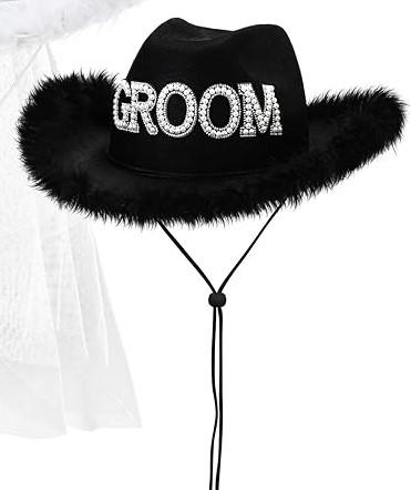 1 Pcs Black Groom Cowboy Hats for Wedding Bridal Shower Decor Gifts (Black, Feathers)