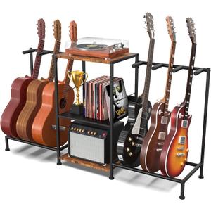 Guitar Stand for Acoustic Multiple Guitars Holder with 3-tier Storage Shelf, Guitars Display Rack Guitar Amp Accessories with Soft-Padded Protect Multi Guitar Stand for Home Studio Music Room (Dark brown)