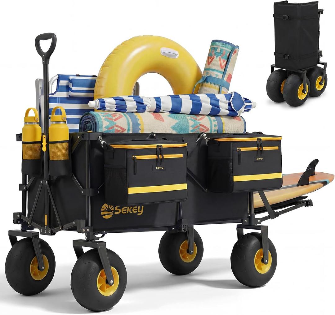 Sekey Heavy Duty Beach Wagon with 9" Big Sand-Proof Wheels, 300L Oversized Foldable Beach Cart with Cooler| Adjustable Handle & Balloon Tires for Sand, Camping,Vacation