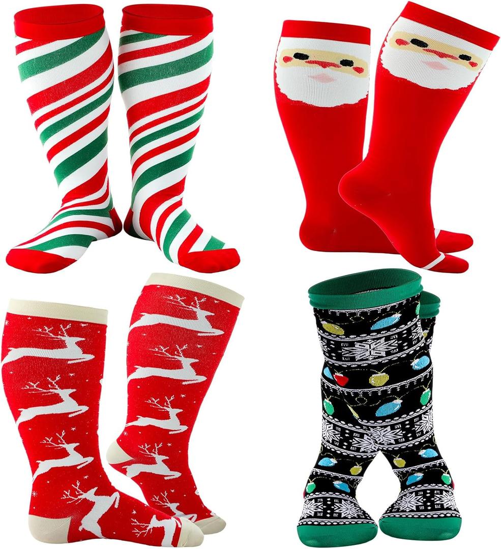Suhine 4 Pairs Plus Size Christmas Compression Sock 3 XL Xmas Knee Long Calf Sock Stocking Gift for Women Nurses Men