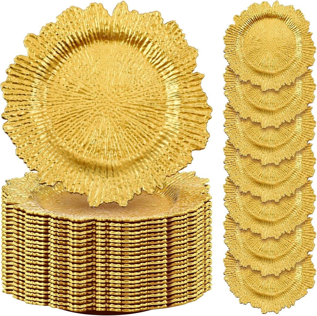Rtteri 50 Pcs 13 Inch Charger Plates Bulk, Plastic Charger Plates with Floral Reef Design, Round Ruffled Rim Decorative Dinner Tableware for Wedding, Party, Event Table Decor(Gold)