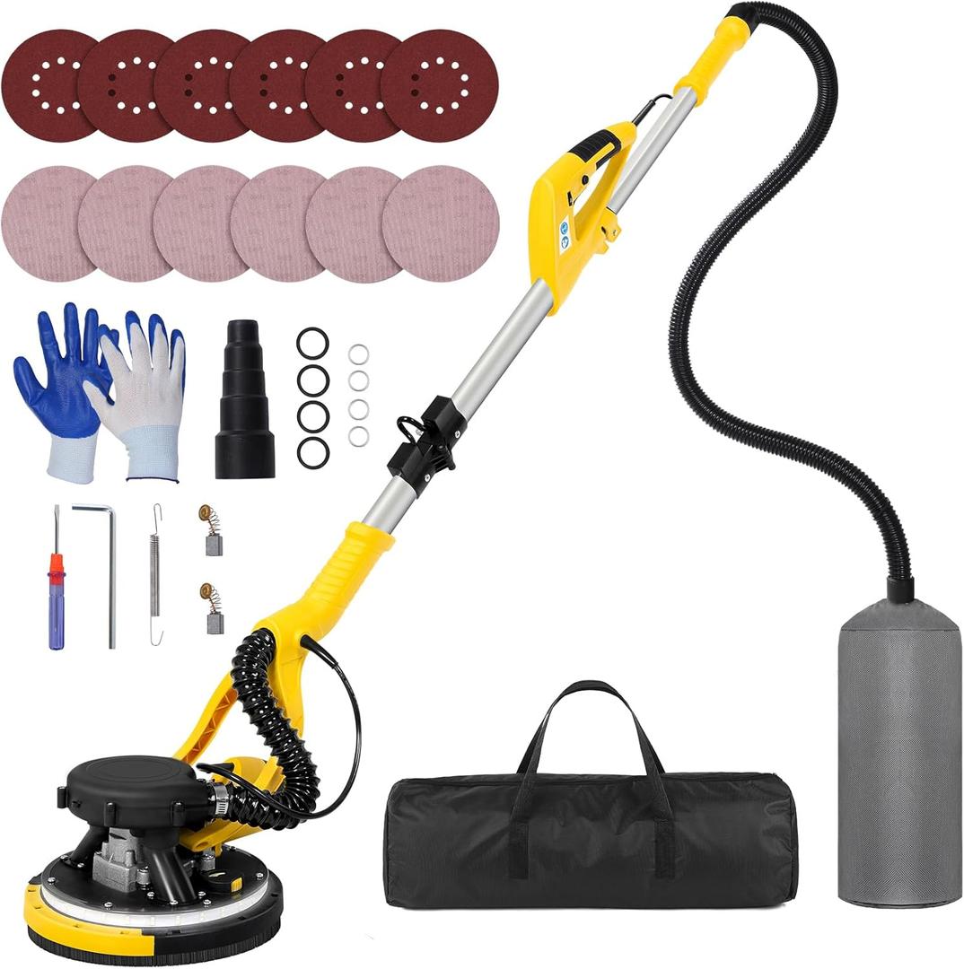 Drywall Sander Tool, KUPERIA 8.5 Amp Popcorn Ceiling Removal Tool with 7 Variable Speed 800-1800RPM, Electric Drywall Sander with Extendable Handle, LED Light,6 Basic Sand Paper & 6 Grid Sandpaper (Yellow)