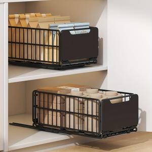 Pull Out Cabinet Organizer Fixed with Adhesive Nano Film, 1 Pack Sliding Mesh Cabinet Basket with Handle, Heavy Duty Slide out Pantry Shelves Drawer Storage for Home, Kitchen, Bathroom, Black