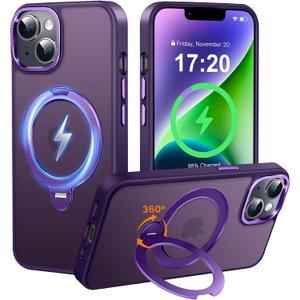 360 Spin Magnetic Stander for iPhone 13/14 Case [Compatible with Magnetic] [Built-in Kickstand] Mil-Grade Protective, Matte Non-Slip for iPhone 13/14 Phone Case(Purple)