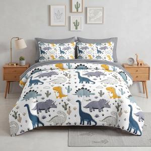 Nesker Queen Comforter Set for Boys, 7 Pieces Dinosaur Bedding for Kids