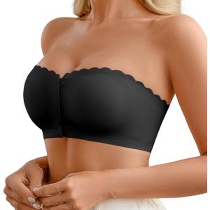 DEANGELMON Wireless Strapless Bras for Women Front Closure Non-Slip Padded Bandeau Bralette Comfort Wavy Edge Tube Top Bra (Medium, Black)