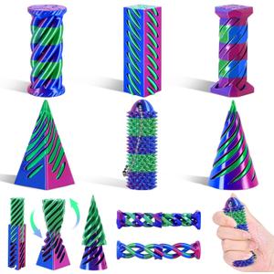 Spiral Cone Fidget Toy & Little Ouchies, 3D Printed Fidget Toys for Stress Relief Focus Tool, Impossible Cone Pyramid Passthrough Fidget Toy for Kids and Adults (Rose red Blue+Blue Green)