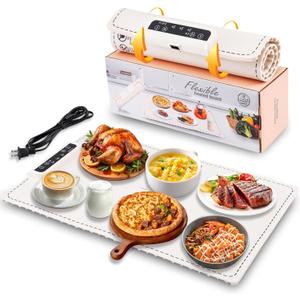 Electric Warming Tray,Warming Mat for Food, Fast Full Surface Heating Food Warmer, Portable Silicone Warmer, Raised Feet Protects Table, Foldable Food Warmer for Parties,Buffets,Daily Use(White)