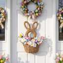 Thyle 15.7 Inch Easter Bunny Wicker Basket Door Decoration Rabbit Woven Basket Hanging Wreath for Front Door with Easter Tulips Egg Floral Decorations for Wall Indoor Outdoor Spring Home Decor