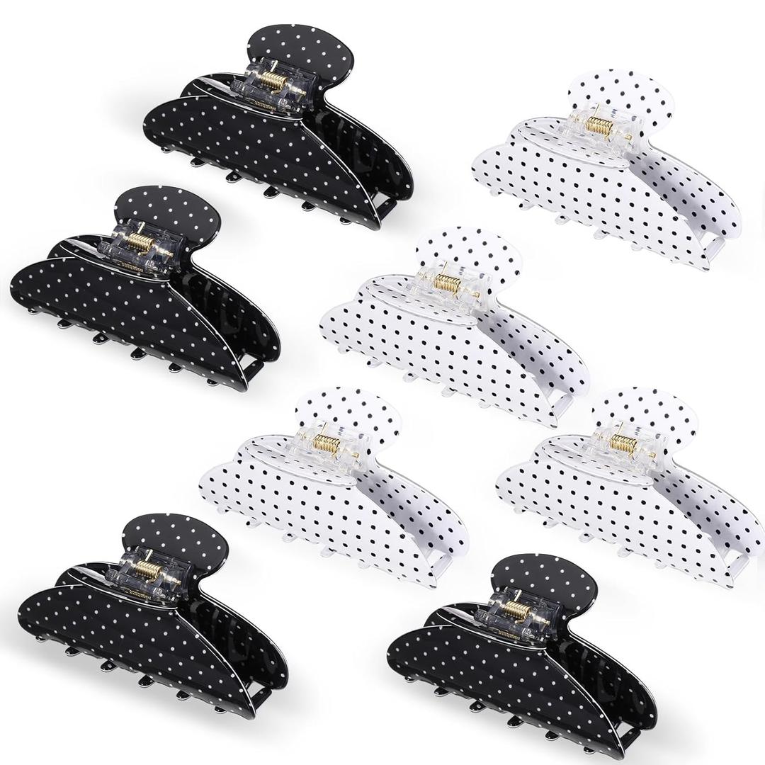 8 Pcs Large Acrylic Hair Claw Clips for Women Non slip Strong Hold Clamps for Thick and Thin Hair(Polka Dots,Black,White)