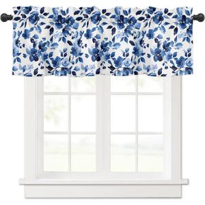 Identiy Valance Curtains for Windows,Watercolor Blue Flowers Semi Sheer Curtain Valance,Short Rod Pocket Window Treatment,Window Valance Curtains for Kitchen Living Room Bedroom Windows 54"x18"