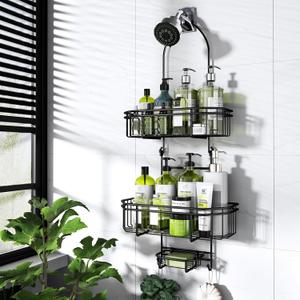 WXCGX Hanging Shower Caddy Over Shower Head Organizer: Stainless Rustproof Bathroom Storage Rack Basket with Soap Holder, Hooks - Large Capacity Bathroom Shelf for Shampoo, Conditioner (Black)