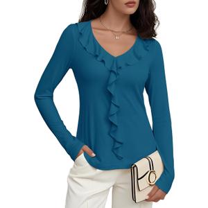 Women's Long Sleeve Shirts Dressy Casual V Neck Ruffle Knit Tunic Tops 2025 Fall Trendy Work Blouse (S)