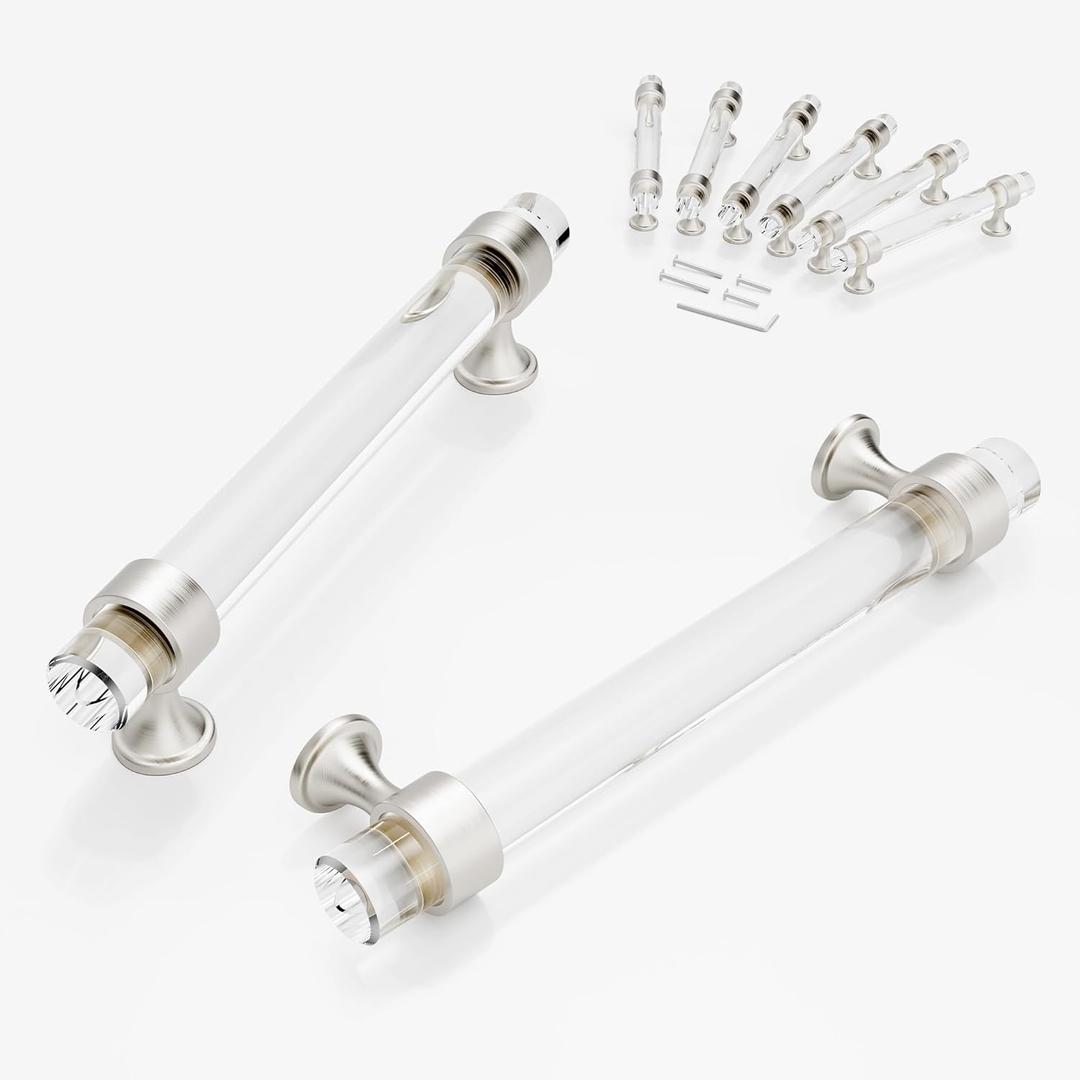 6 Pack Glass Cabinet Handles and Pulls for Cabinets and Drawers, Kitchen Bathroom Bedroom Brushed Nickel Pull Door Handle Distance Glass Crystal Knobs 128 mm (Hole Center : 5 Inch (128mm))