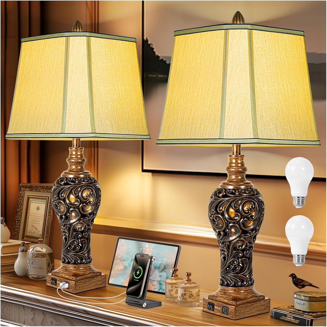 32'' Tall Rustic Vintage Table Lamps Set of 2 with Night Lights - Bedside Lamp with Faux Silk Shades for Bedroom and Living Room with 2 USB Charging Ports,Rustic Lamps for Living Room(Bulb Included)