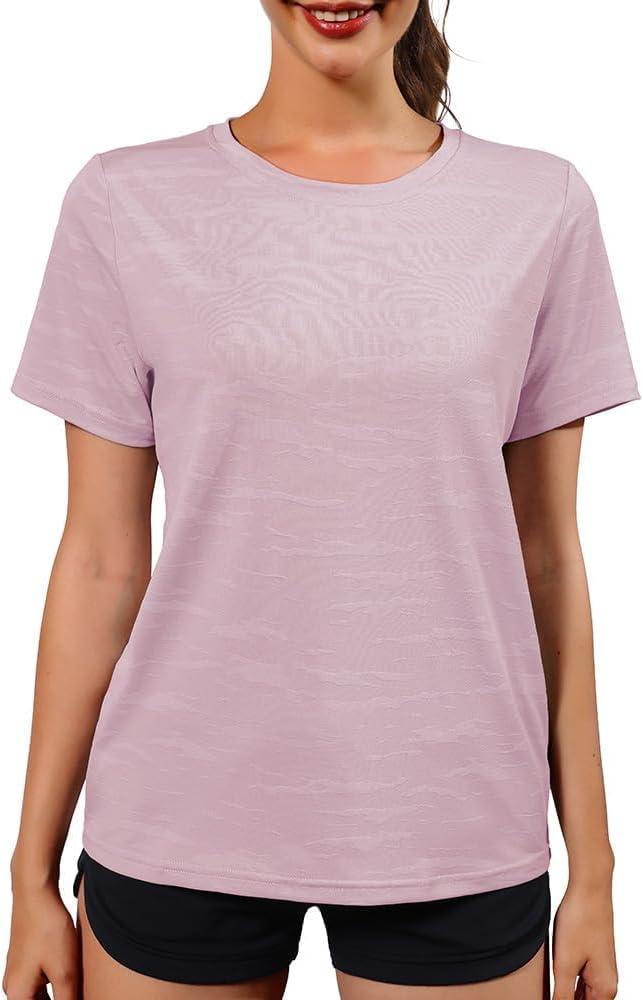 Womens Workout Tops Short Sleeve Shirts Dry Fit Athletic Running Basic Tee 2025 Lightweight Crewneck Summer Outfits (X-Large, Geranium Purple)