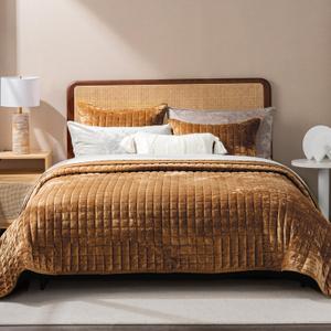RECYCO Channel Box Stitch Velvet Quilt Set, King Size, Caramel Gold, King/Cal King