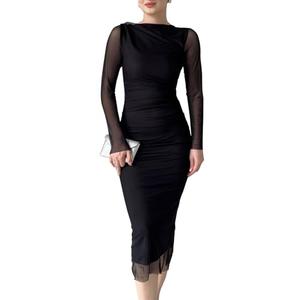 Women Ruched Bodycon Midi Dresses Sheer Long Sleeves Boat Neck Casual Formal Slim Fit Spring Fall Dress Black L