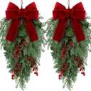 2 Pack Christmas Teardrop Swags 20 Inch Xmas Artificial Pine Teardrop Wreath with Pine Cones Berry Bow for Christmas Holiday Front Door Home Wall Hanging Decor