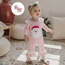 Newborn Baby Girl Christmas Outfit Santa Claus Romper Long Sleeve Striped Jumpsuit Infant Flared Pants with Headband (Pink, XS)