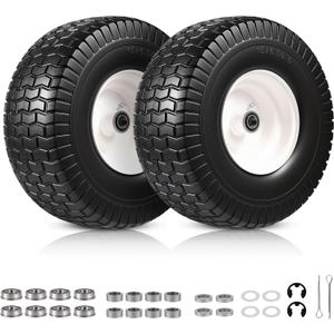 2 PCS 15x6.00-6 Flat Free Lawn Mower Tire and Wheel, 15x6-6 Front Tire Assembly Compatible with John Deere Husqvarna Riding Mowers Lawn Tractors, with 3/4" & 5/8" Bearings, 3" Centered Hub
