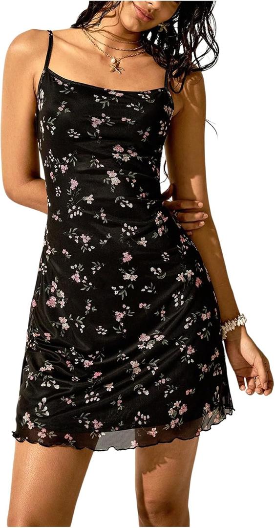 Women's Floral Print Lettuce Trim Cami Dress Square Neck Sleeveless Bodycon Mesh Mini Dress (Medium, Black)