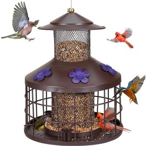 Squirrel Proof Bird Feeder with 3 Water Cups, 4.2LB Large Capacity Outdoor Hanging Bird Feeder with Metal Cage, One-Piece Design No Assembly Needed, Weather Resistant & Stylish for Garden, Yard