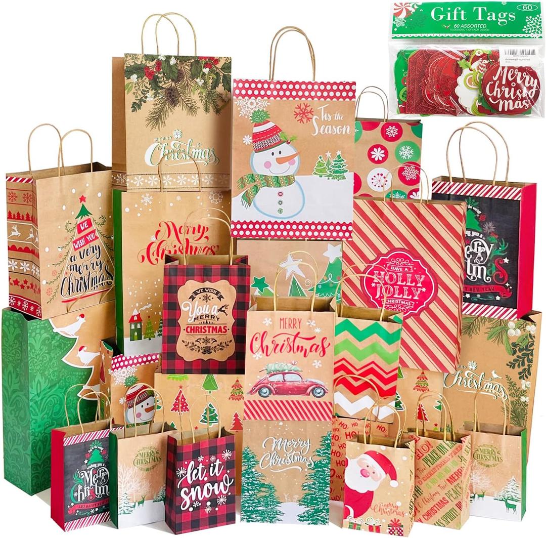 24 Kraft Christmas Gift Paper Bags Bulk with handles and 60 Count Christmas Gift Tags-Assorted sizes set for Wrapping Xmas Holiday Presents(6 Jumbo,6 Large,6 Medium,6 Small)