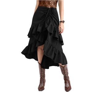 MakeMeChic Women's Western Cowboy Chic Asymmetrical Midi Skirts Ruffle High Low Skirts Boho Flowy Tiered Drawstring Skirts (Large, Black)