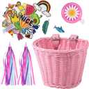 Kid's Bicycle Basket Streamers Set, Children's Bike Handlebar Wicker Basket with Colourful Bike Streamers Bell and Stickers, Bike Decoration Accessories Kit for Girls (Pink)