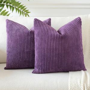 OTOSTAR Pack of 2 Throw Pillow Covers 18 x 18 Inch Soft Corduroy Decorative Square Solid Striped Cushion Case Couch Farmhouse Home Boho Decor Throw Pillows for Sofa Bed Living Room (Eggplant Purple)