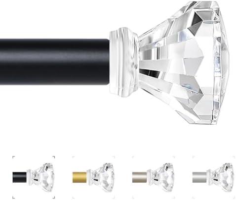 TVWOO Black Decorative Crystal Curtain Rods 18 to 45 Inch:Heavy Duty Adjustable Window Curtains Rods for Living Room Bedroom,Matte Black Modern Acrylic Drapery Rods with Clear Bling Diamond Finials