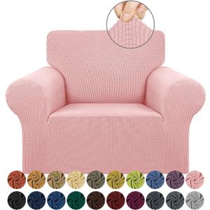 KEKUOU Stretch Single Sofa Slipcover 1 Piece Couch Sofa Cover (31"-55") Furniture Protector 1 Seater Sofa with Elastic Bottom for Kids,Pet.Jacquard Small Checked Pattern Fabric(Small,Dusty Pink)