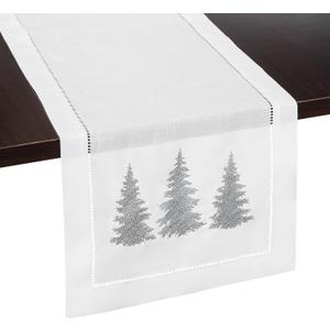 White Christmas Table Runner, Silver Woodland Pine Trees Embroidery - Ideal for Elegant Christmas Decor, Winter Wonderland Decorations and Rustic Farmhouse Kitchens (14 x 108 Inches Long)