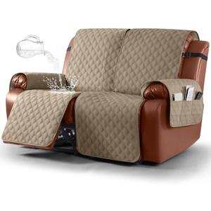 Ruaozz Waterproof Recliner Sofa Covers, 1-Piece Reclining Couch Covers Non-Slip Sofa Slipcover Washable Furniture Protector with Elastic Straps Pocket for Kids Pets (Khaki, 2 Seater)